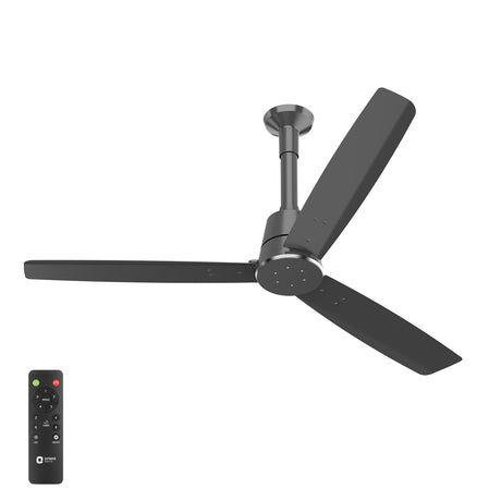Black ceiling fan with remote control on a white background