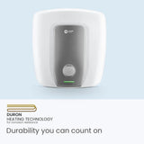 White water heater with Duron heating technology branding on a light blue background