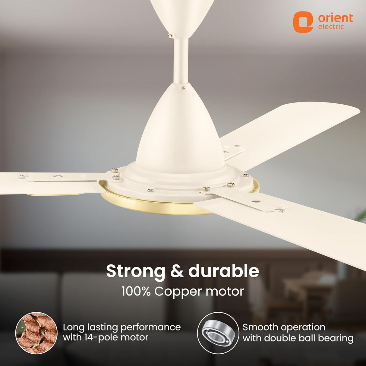 Ceiling fan with white blades and gold accents, featuring Orient Electric logo.