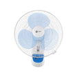 Wall-mounted fan with blue blades and white frame on a white background