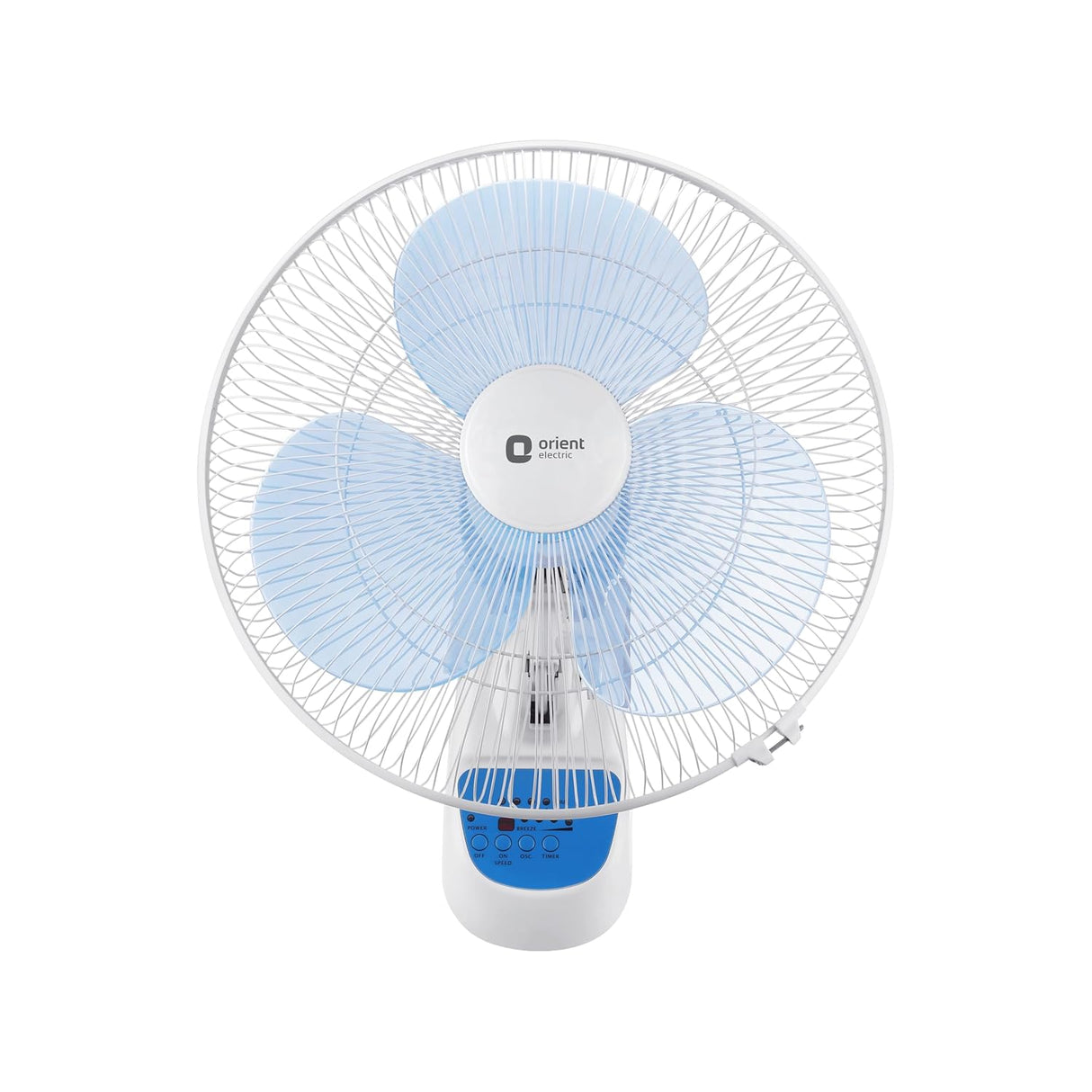 Wall-mounted fan with blue blades and white frame on a white background