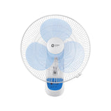 Wall-mounted fan with blue blades and white frame on a white background