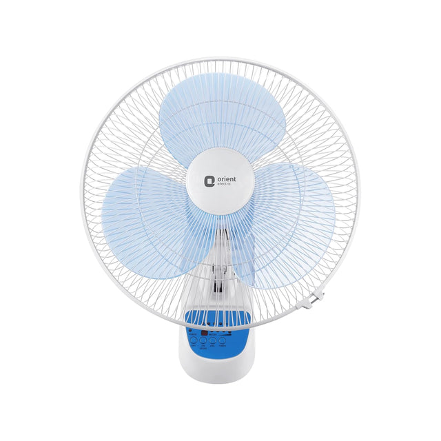 Wall-mounted fan with blue blades and white frame on a white background