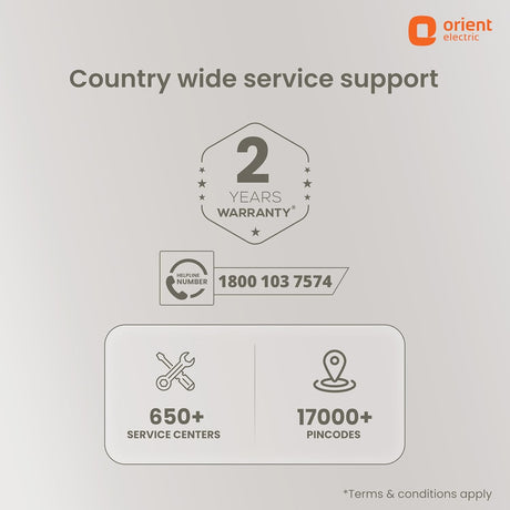 Orient Electric service support information with warranty, contact number, service centers, and pincodes on a light gray background.