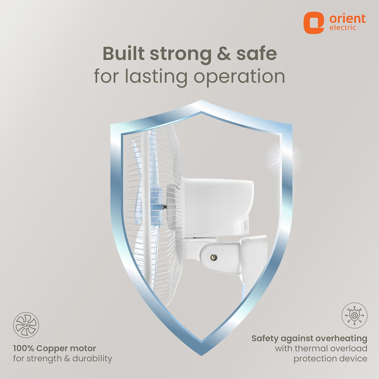 Orient Electric fan with shield graphic and text about strength, safety, and durability on a light gray background.