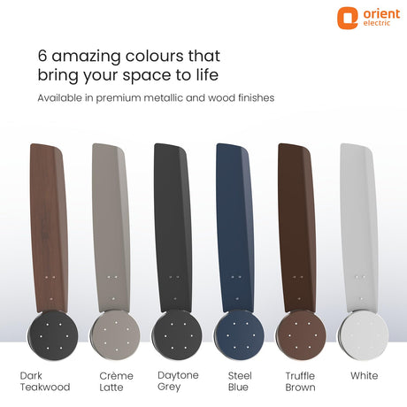Orient Electric fan blades in various colors on a white background