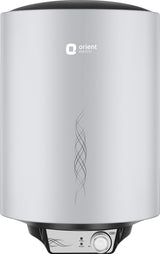 Orient Electric water heater with a brushed silver metallic finish, black top and bottom caps, and a control panel at the base.