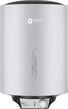 Orient Electric water heater with a brushed silver metallic finish, black top and bottom caps, and a control panel at the base.