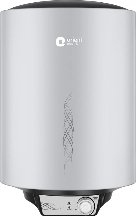 Orient Electric water heater with a brushed silver metallic finish, black top and bottom caps, and a control panel at the base.