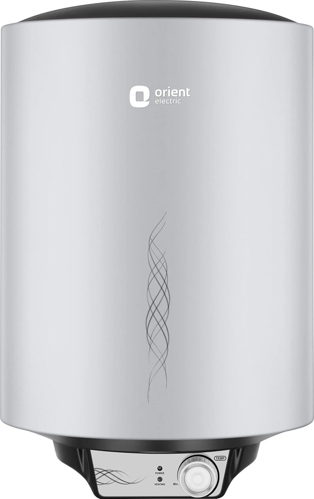 Orient Electric water heater with a brushed silver metallic finish, black top and bottom caps, and a control panel at the base.