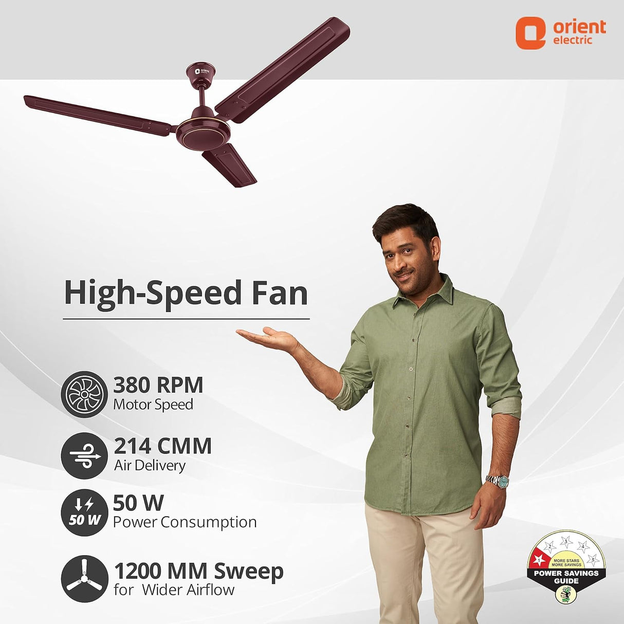 Man standing next to a high-speed fan with product specifications on a white background