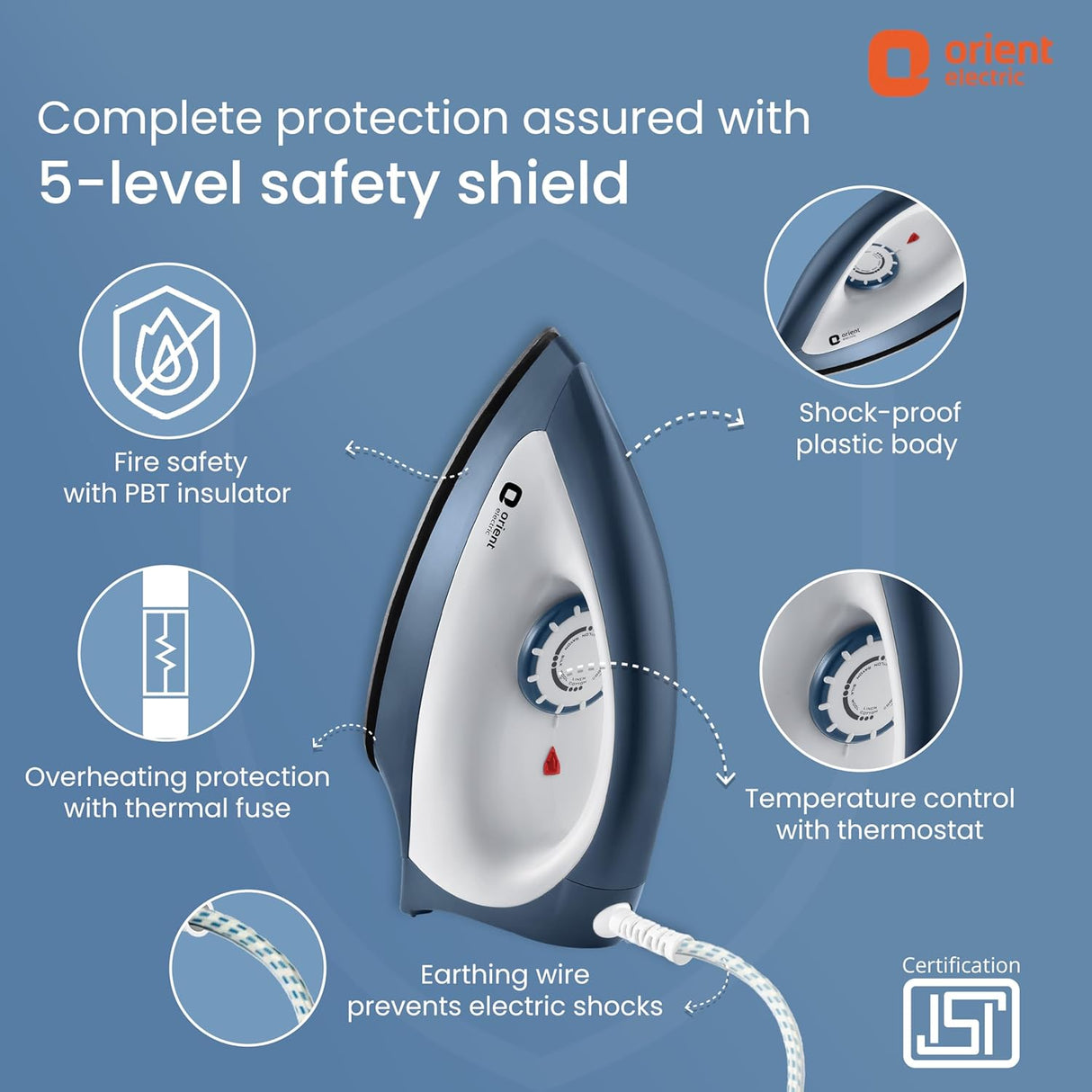 Orient Electric iron with safety features on a blue background