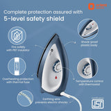 Orient Electric iron with safety features on a blue background