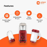 Red blender with features listed on a white background, featuring the Orient Electric brand.