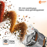 Orient Electric grinder with spices being ground, highlighting 35-minute continuous heavy-duty grinding power and 750W motor.