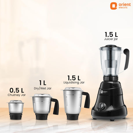 Blender with interchangeable jars of different capacities on a light background, featuring Orient Electric branding.
