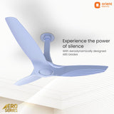 Ceiling fan with Aerodynamic blades on a white ceiling, featuring Orient Electric branding.