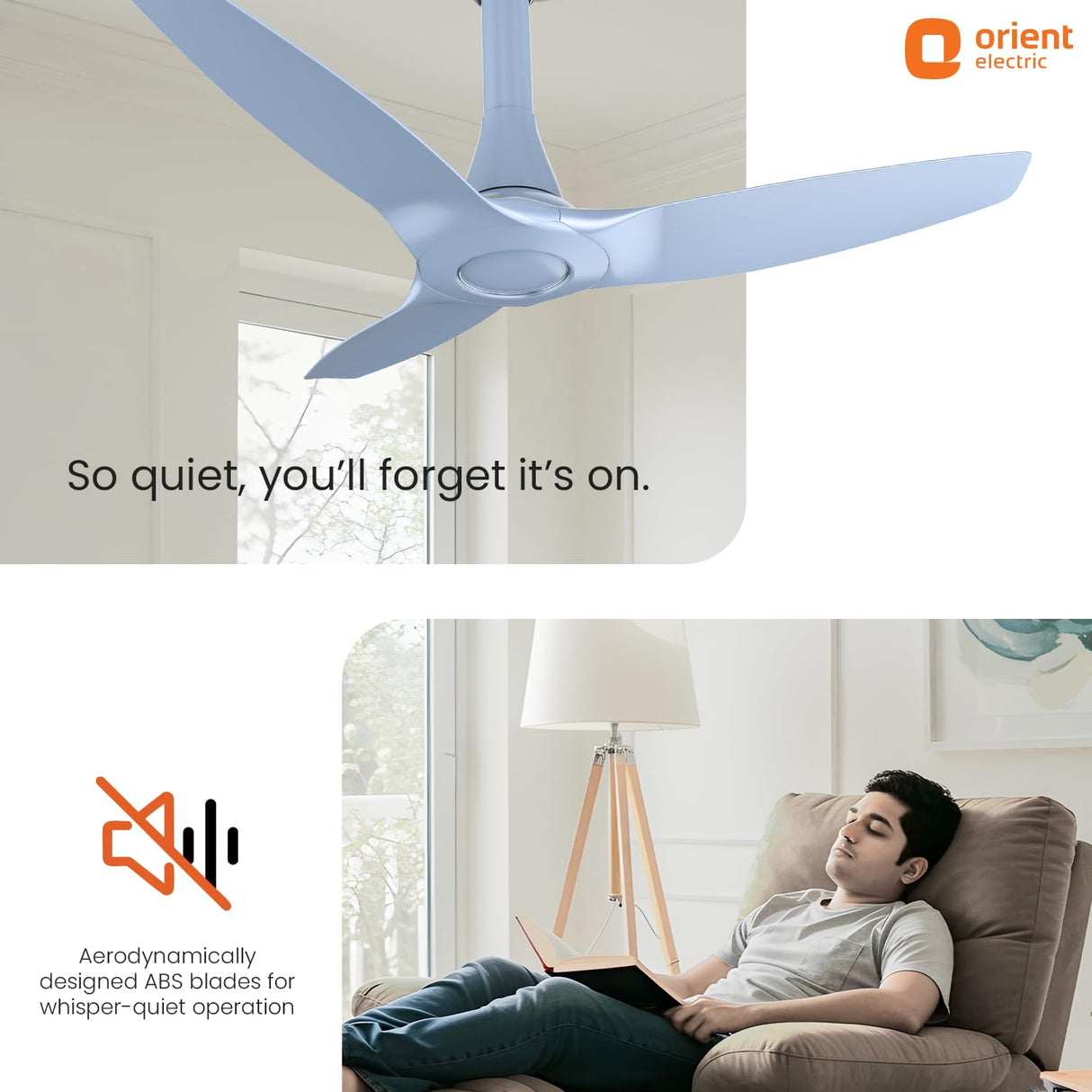 Ceiling fan with 'Orient Electric' branding and a person relaxing on a couch using a laptop.