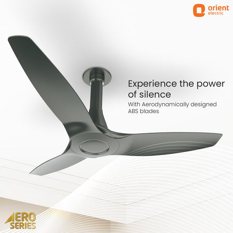 Ceiling fan with Aerodynamic blades on a white background, featuring Orient Electric branding.