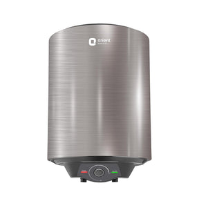A silver-colored Orient electric water heater with a digital display and temperature control knob.
