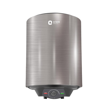 A silver-colored Orient electric water heater with a digital display and temperature control knob.