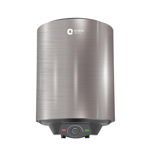 A silver-colored Orient electric water heater with a digital display and temperature control knob.