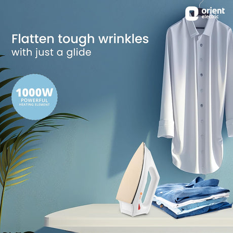 Iron with a shirt and folded clothes on an ironing board against a blue background, featuring Orient Electric branding.
