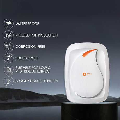 This Geyser is waterproof , <olded PUF Insulation , Corrosion Free, SHockproof, Suitable For Low and Mid rise Buildings and Longer heat Retention .  