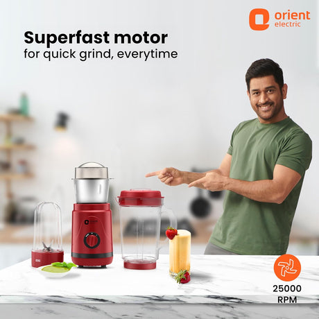 Person pointing at a red blender with 'Orient Electric' branding and text about superfast motor.