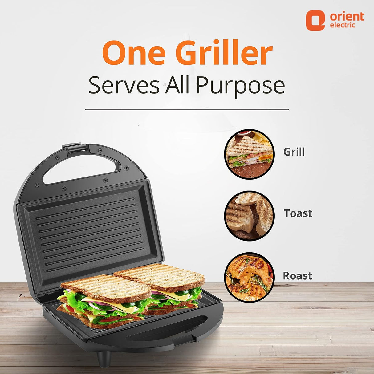 Orient Electric One Griller with images of grilled items on a white background