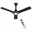A 1200mm ceiling fan with three blades and a central motor unit, in a cosmos black color, accompanied by a remote control.