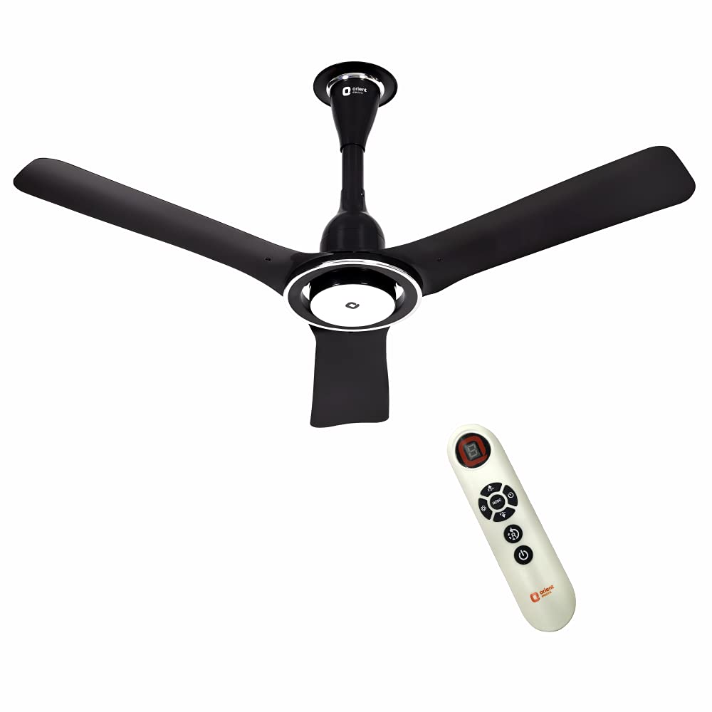 A 1200mm ceiling fan with three blades and a central motor unit, in a cosmos black color, accompanied by a remote control.