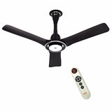 A 1200mm ceiling fan with three blades and a central motor unit, in a cosmos black color, accompanied by a remote control.