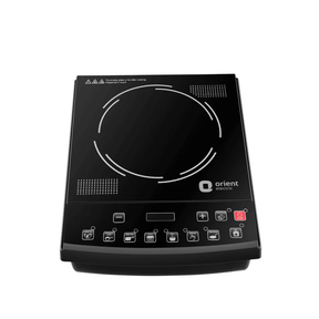Black induction cooktop with control panel on a white background, featuring the Orient Electric brand.