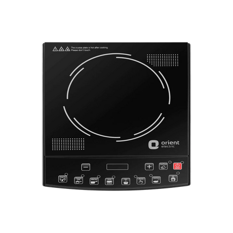 Black induction cooktop with control panel on a white background, featuring the Orient Electric logo.
