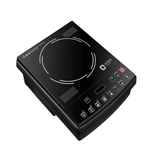 Black induction cooktop with control panel on a white background