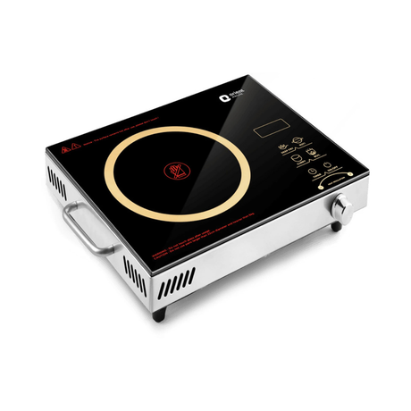 Portable induction cooktop with digital display on a white background