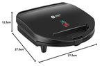 Black sandwich maker with dimensions labeled on a white background