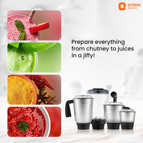 Orient Electric juicer set with images of prepared foods and the brand logo.