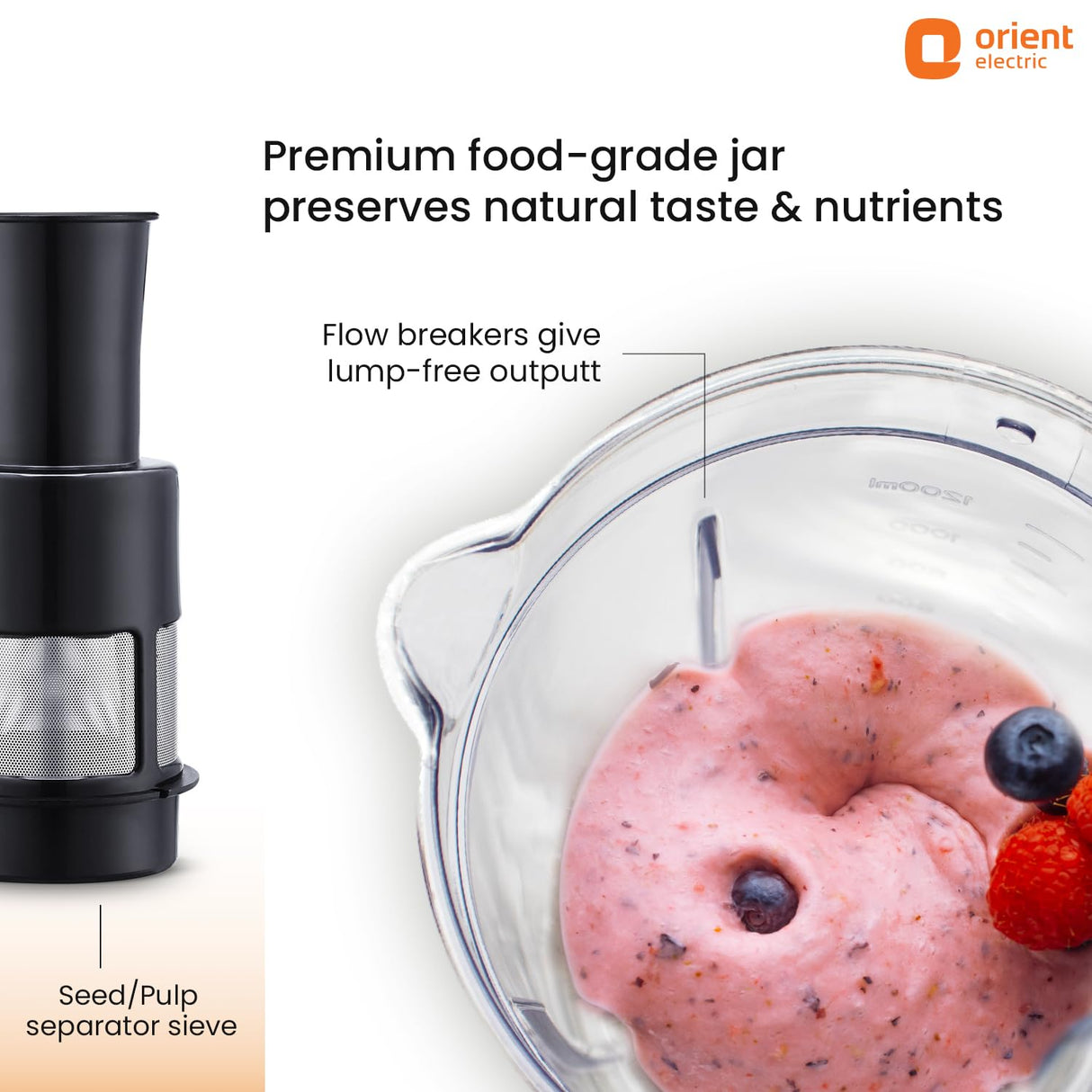 Blender with a food-grade jar containing a smoothie with berries, labeled features of the blender.