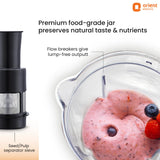 Blender with a food-grade jar containing a smoothie with berries, labeled features of the blender.