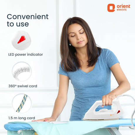 Woman ironing clothes with Orient Electric iron, highlighting features like LED power indicator and 360-degree swivel cord.