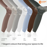 Set of orient electric fans in various colors on a light gray background