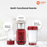 Red multi-functional blender with attachments on a white background, featuring Orient Electric branding.