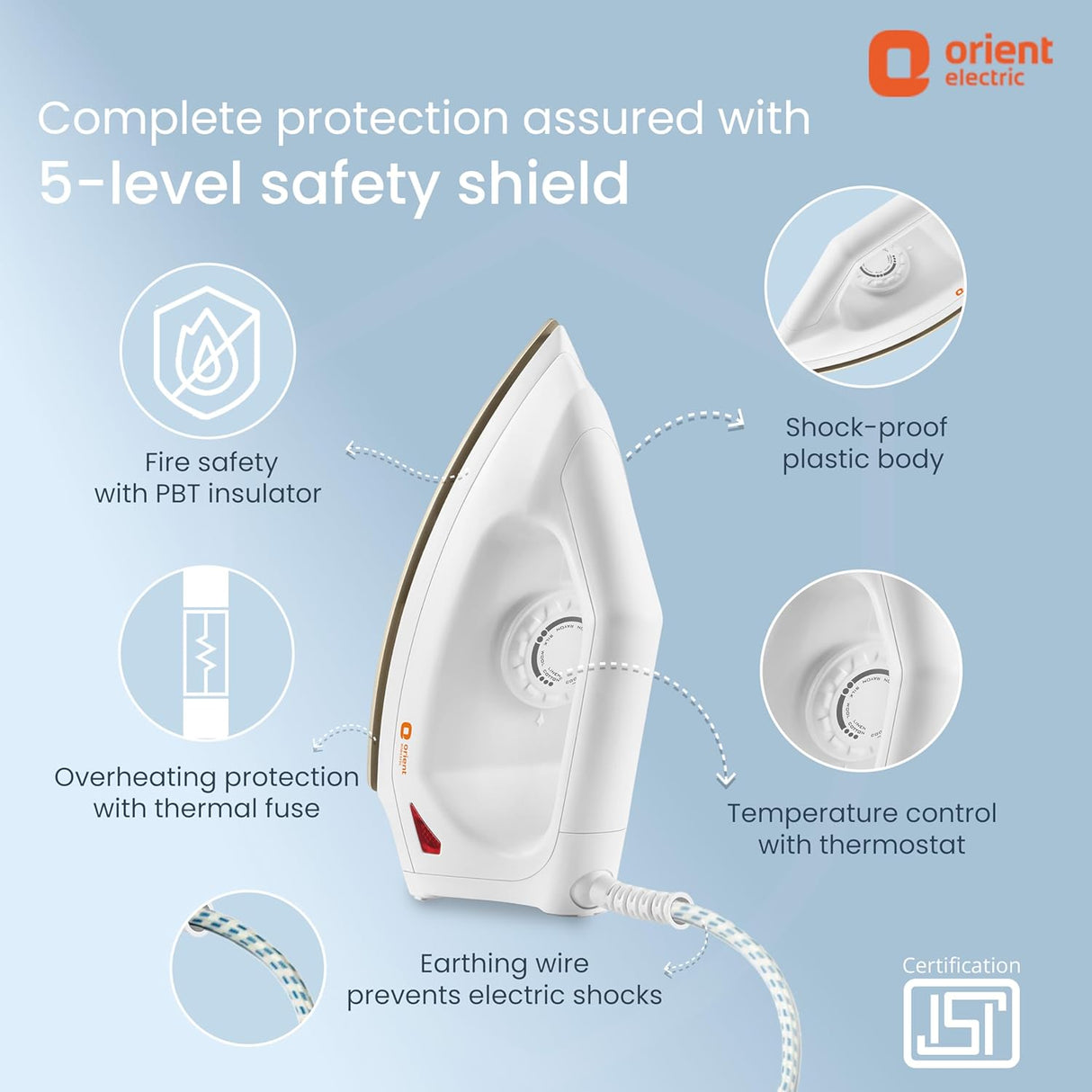 Dry iron with safety features on a light blue background, featuring Orient Electric branding.