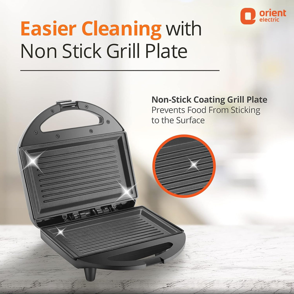 Orient Electric grill with non-stick grill plate on a light background