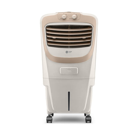 A beige Orient Electric Premia 26 L Personal Air Cooler with castor wheels, control knobs on the top, and honeycomb cooling pads.