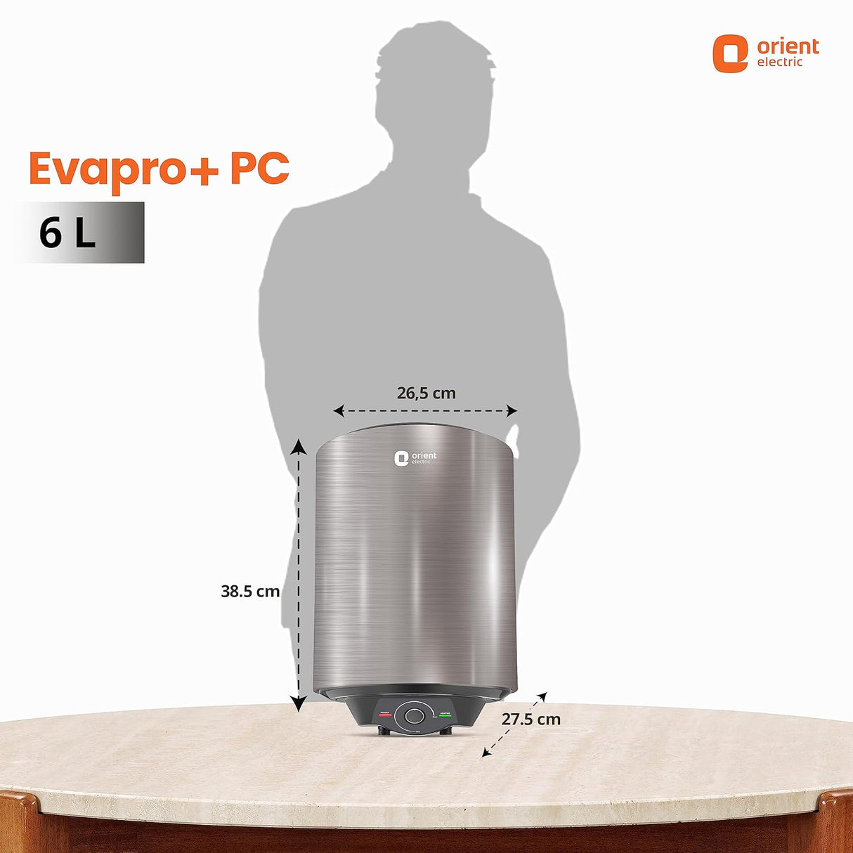 Evapro Geyser comes with 26.5cm L x 
27.5cm W x 38.5cm H