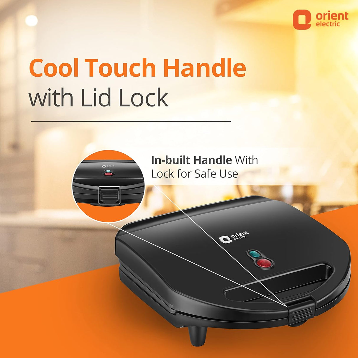Black sandwich maker with cool touch handle and lid lock feature on an orange surface, Orient Electric brand visible.