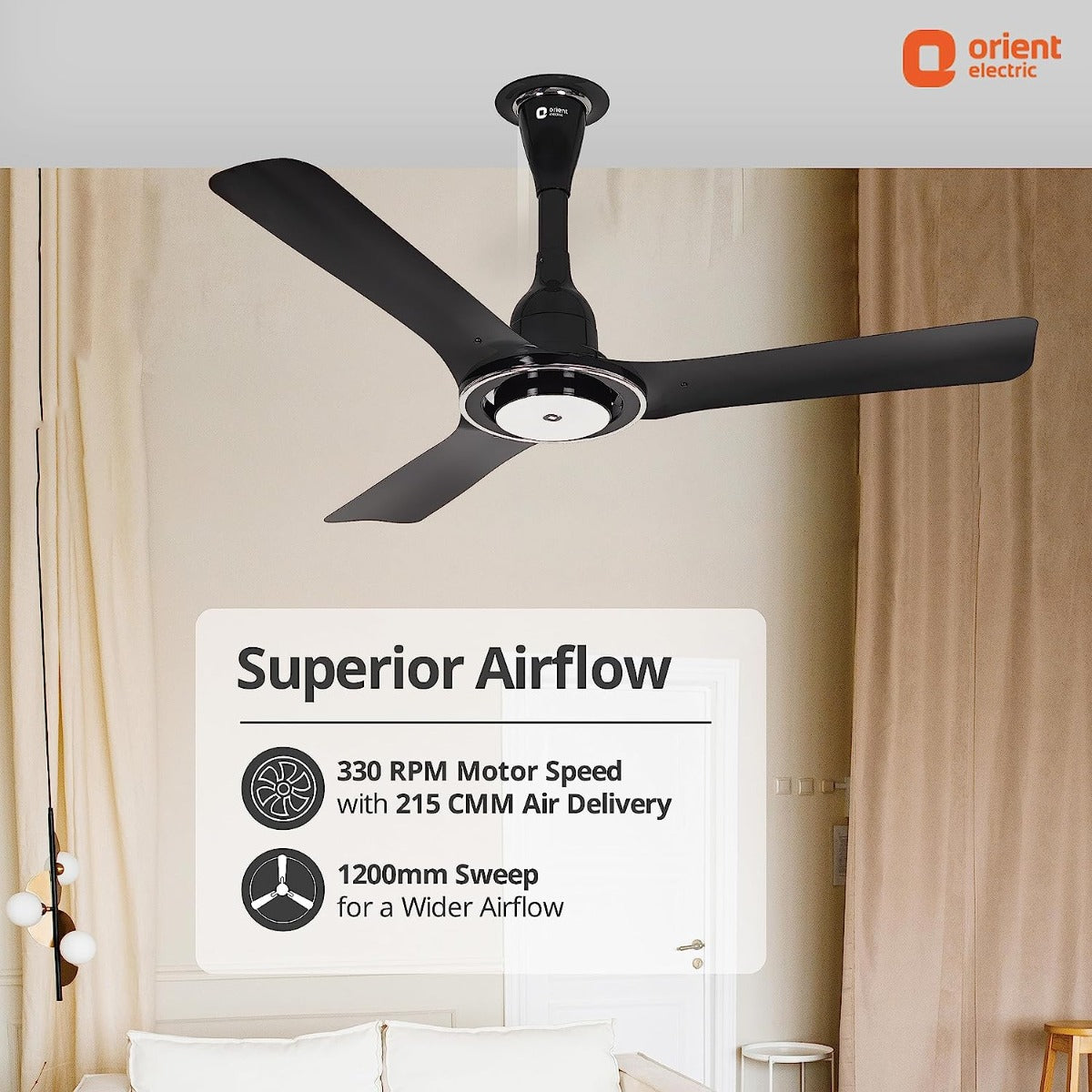 This Orient Electric Ceiling fan has superior airflow  with 330 Fpm and 215 CMM air delivery 